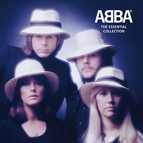 The four members of ABBA wearing hats against a dark blue background.