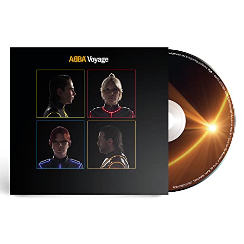 ABBA Voyage CD case with four member portraits and a silver disc.
