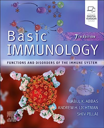 Textbook cover for "Basic Immunology" with cell and virus illustrations.