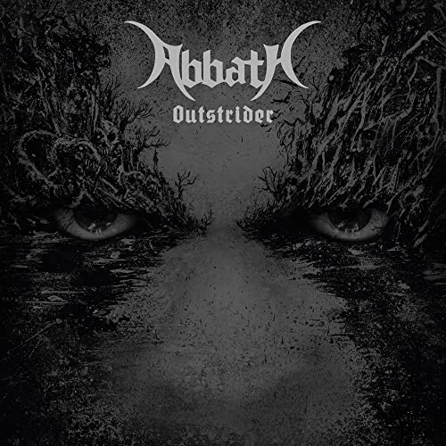 Abbath "Outstrider" album cover: dark, textured image with glowing eyes.