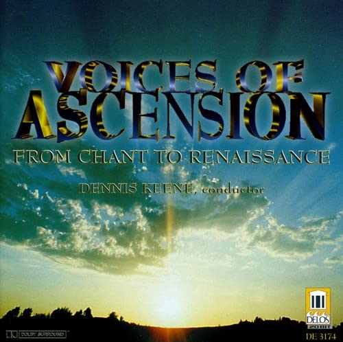 CD cover for “Voices of Ascension” with golden text and sky background.