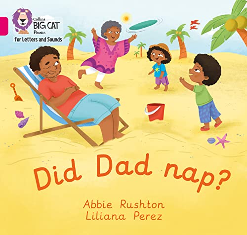 Beach scene with a sleeping dad, children playing, and a flying frisbee.