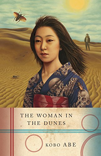 Book cover: woman in patterned robe amidst sand dunes and insects.