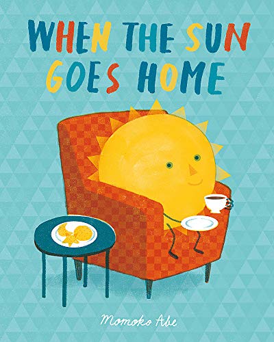 Smiling sun character relaxing in an orange armchair with tea and food.