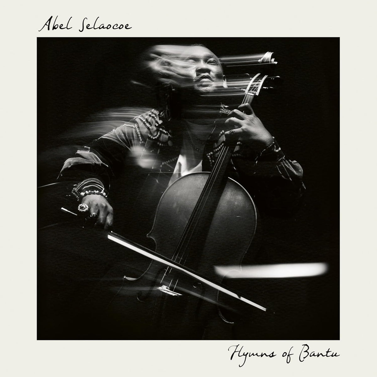Black and white album cover featuring Abel Selaocoe playing the cello.