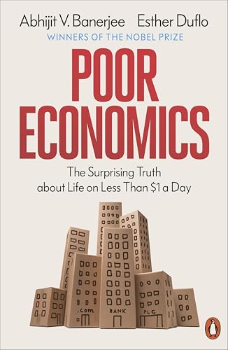 Book cover for "Poor Economics" with red title and building illustration.
