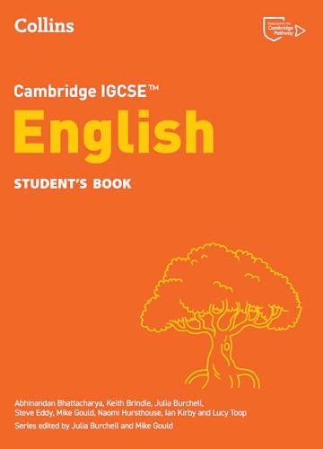 Orange Cambridge IGCSE English Student’s Book cover with a yellow line-art tree illustration.