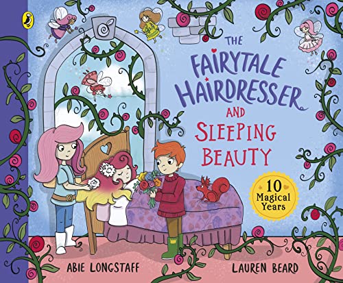 Book cover: fairytale scene with characters and floral decorations.