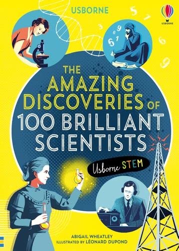 Book cover: “The Amazing Discoveries of 100 Brilliant Scientists” with portraits.