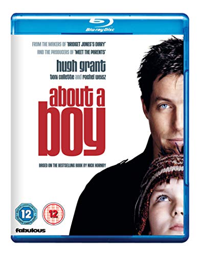“About a Boy” Blu-ray case featuring Hugh Grant and a young boy.