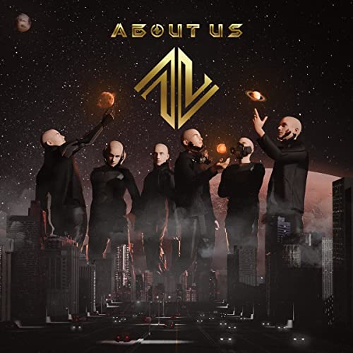 CD cover with six bald figures and a futuristic cityscape.