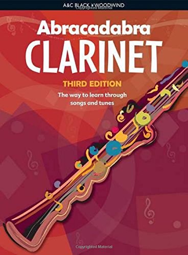 Cover of Abracadabra Clarinet music book with a stylized clarinet illustration on red background.