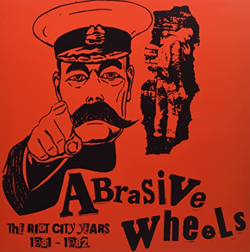 Red album cover featuring a stern-faced man pointing, with band name “Abrasive Wheels”.
