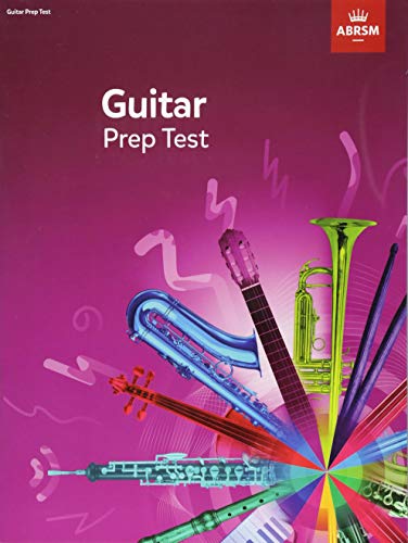 Guitar Prep Test 2019" book cover with musical instruments and colorful rays.