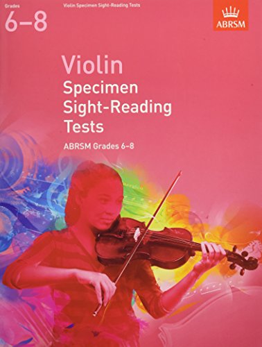 Music book cover for ABRSM Violin Specimen Sight-Reading Tests Grades 6-8 with colorful graphics.