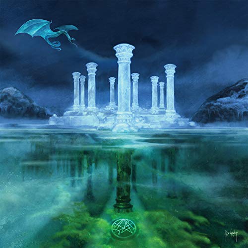 A blue dragon flies over glowing stone pillars rising from a dark, submerged landscape.