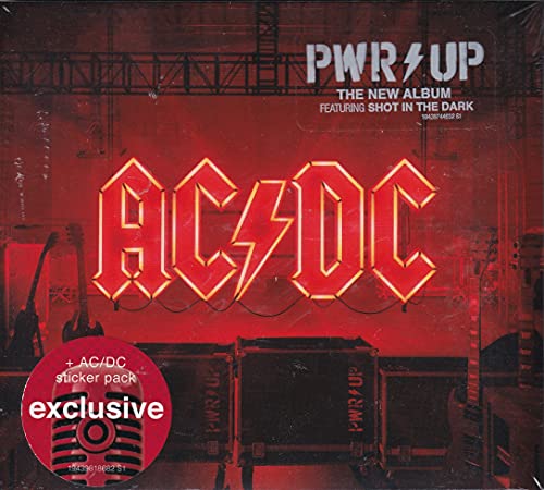 AC/DC “PWR/UP” CD cover with red neon lettering and guitar silhouettes.
