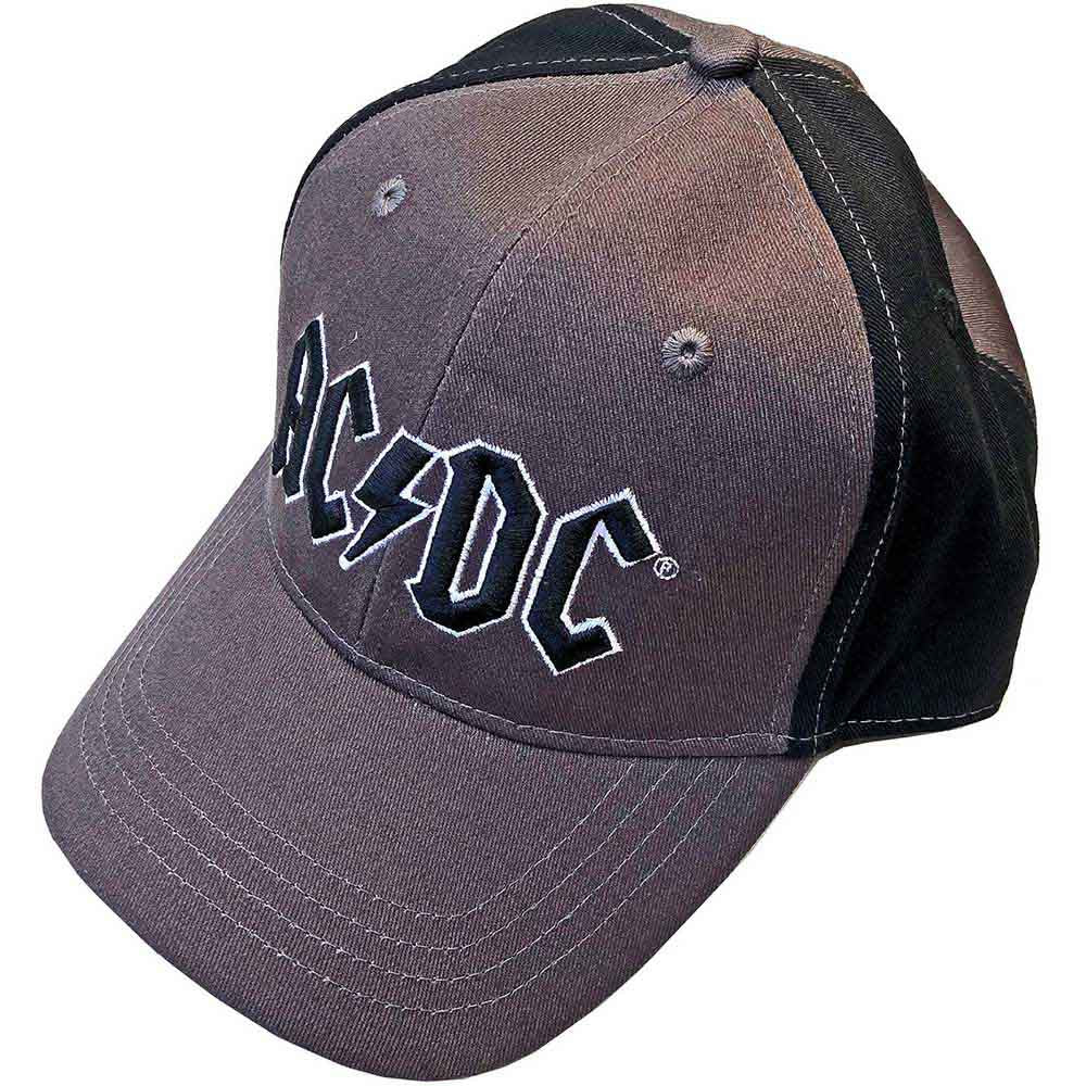 Grey and black baseball cap with an embroidered black AC/DC logo on the front.