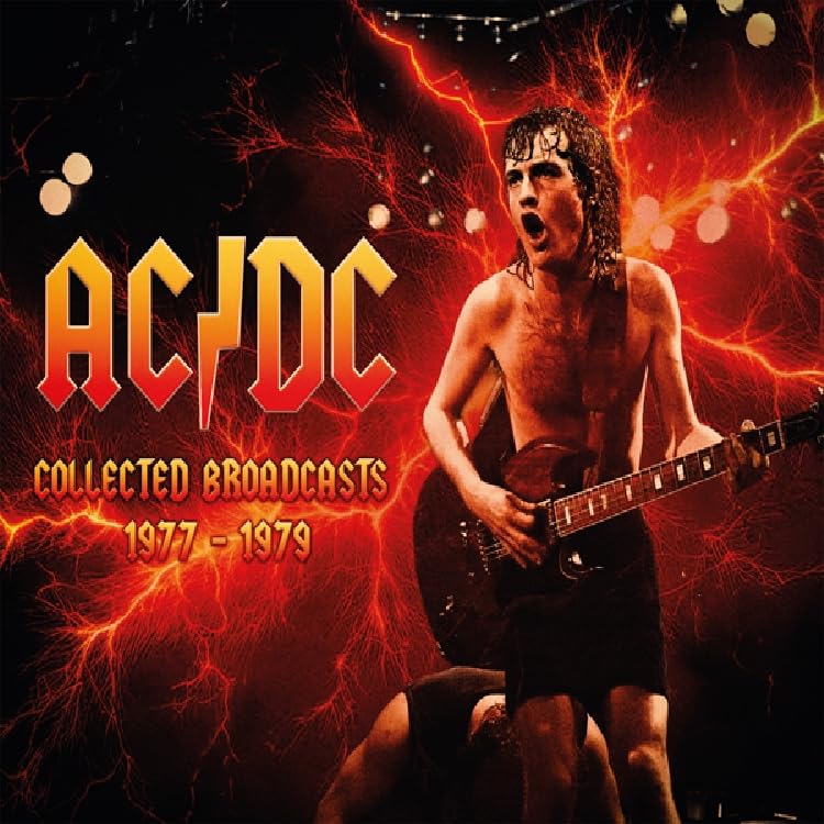 AC/DC album cover featuring Bon Scott performing with electric guitar, red background.