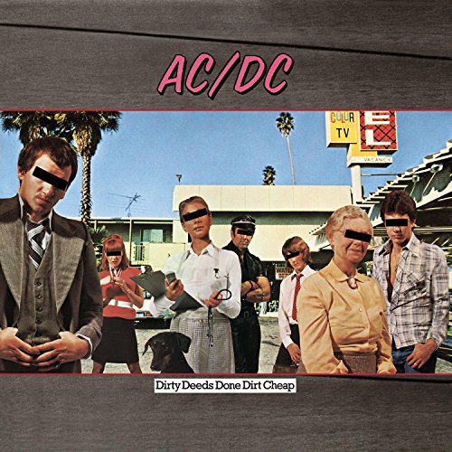 AC/DC “Dirty Deeds Done Dirt Cheap” album cover with obscured faces.
