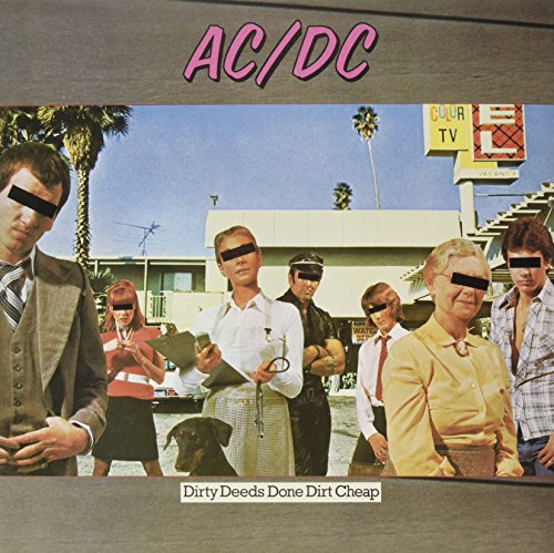 AC/DC album cover, "Dirty Deeds Done Dirt Cheap," with obscured faces.