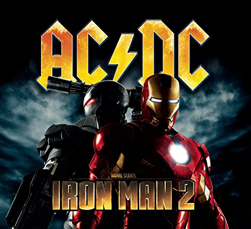 AC/DC “Iron Man 2” CD cover featuring Iron Man suits against a dark sky.