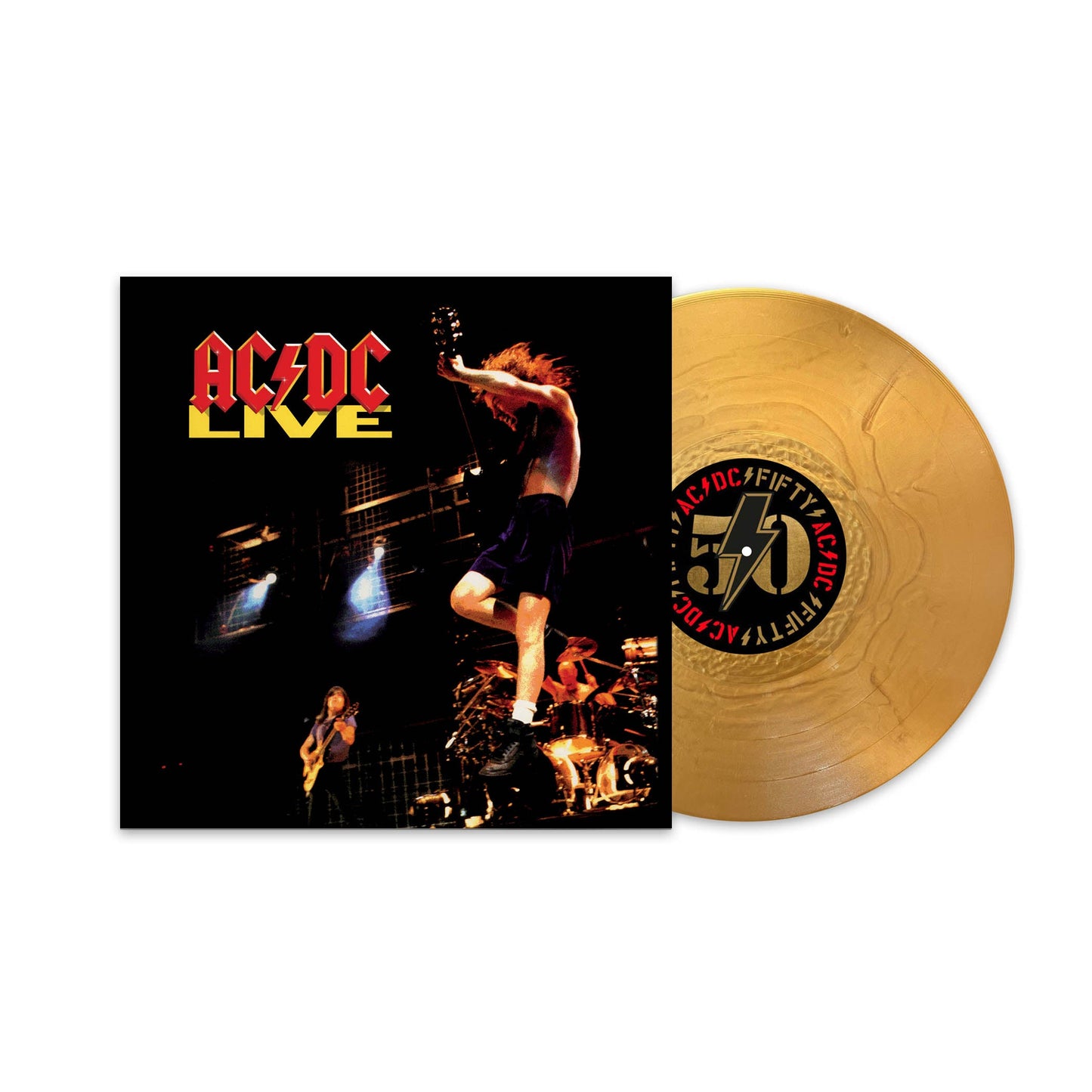 AC/DC "Live" vinyl record with golden disc and concert image.