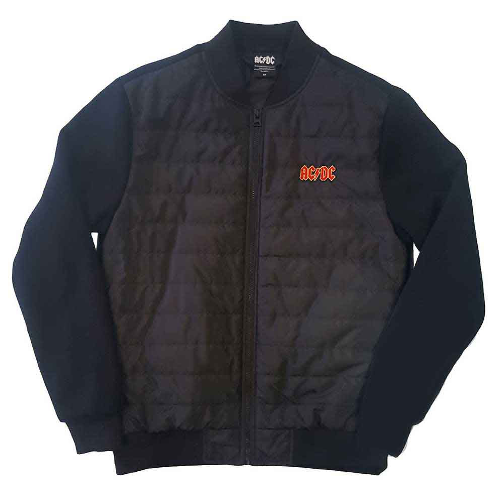 Man wearing a black quilted AC/DC bomber jacket over a white t-shirt.