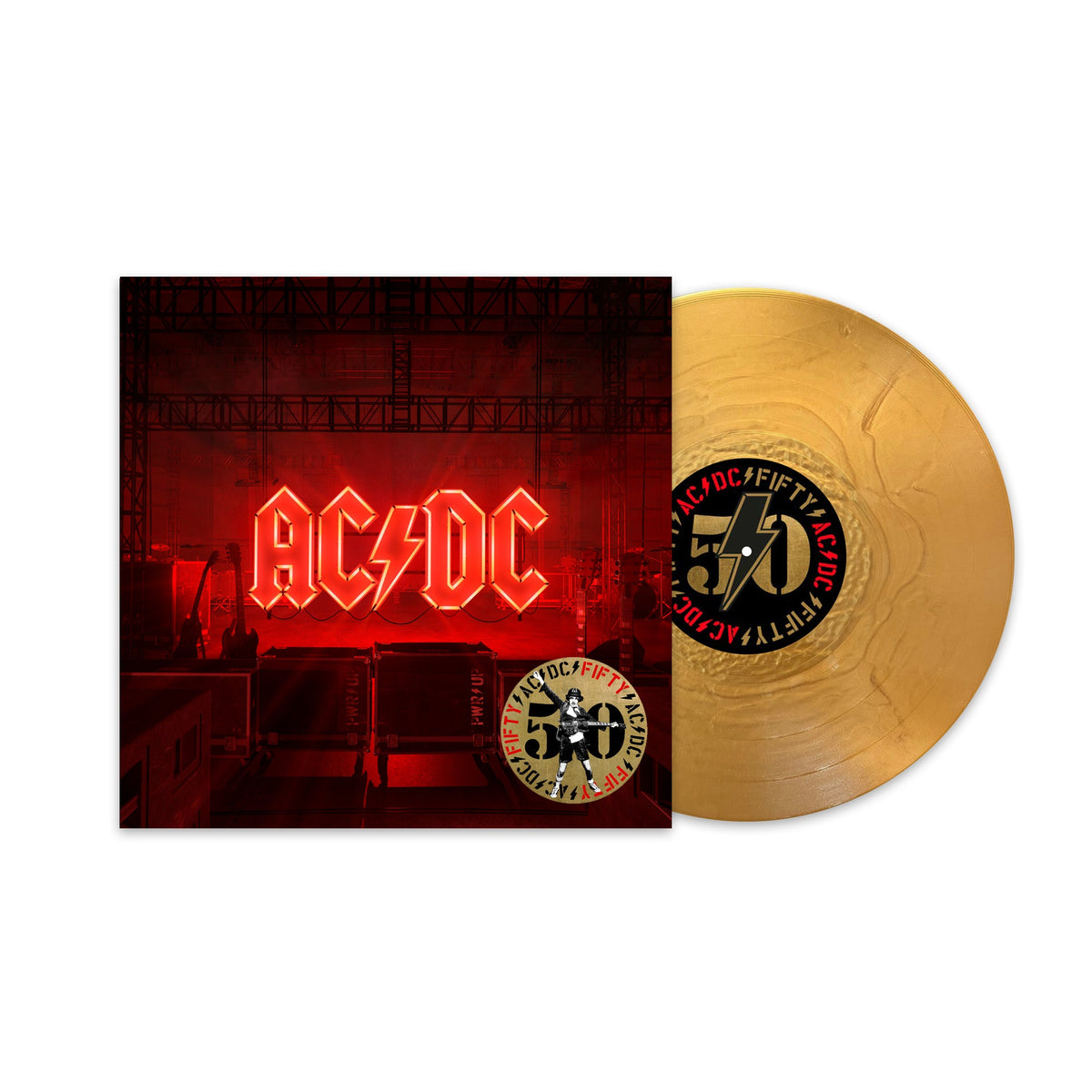 AC/DC "Power Up" vinyl record with gold coloring and red logo.