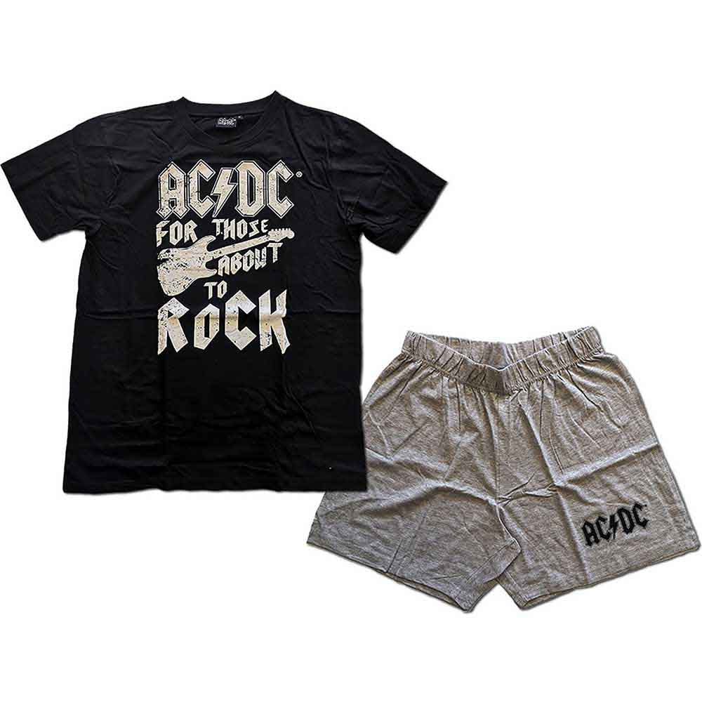 Black AC/DC pyjama top with guitar graphic, worn by a person.