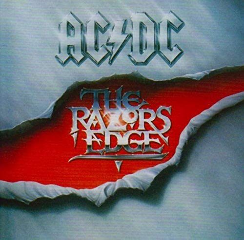 AC/DC album cover, “The Razor’s Edge,” with red torn paper effect.