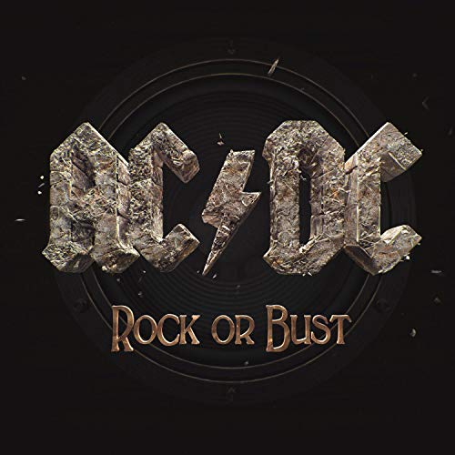 AC/DC “Rock or Bust” album cover with textured logo and title.