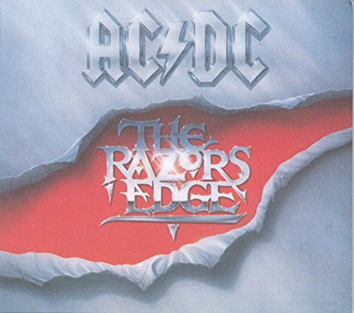 AC/DC album cover, “The Razors Edge”, with torn red and silver design.