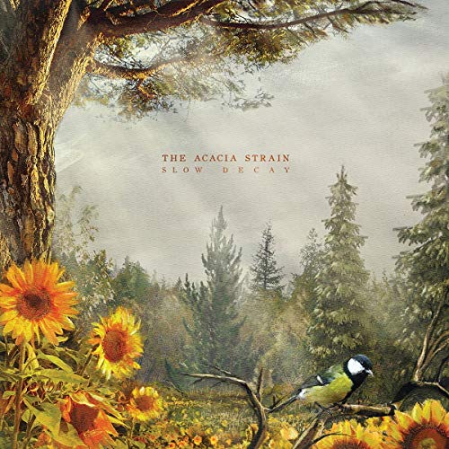 "Album cover art featuring a forest scene with sunflowers, trees, and a bird perched on branch."