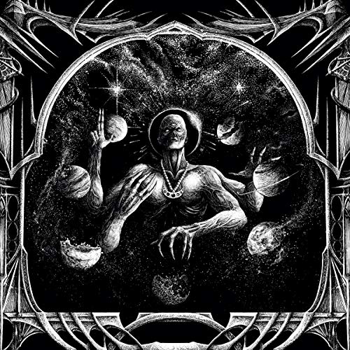Black and white illustration of a skeletal figure with celestial bodies.