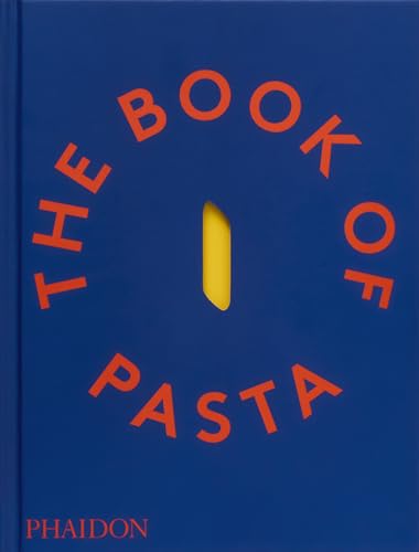 Blue book cover with orange text reading The Book of Pasta and yellow cutout.