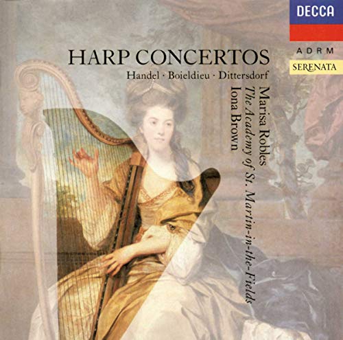 CD cover: woman with harp, text “Harp Concertos”, Decca label.