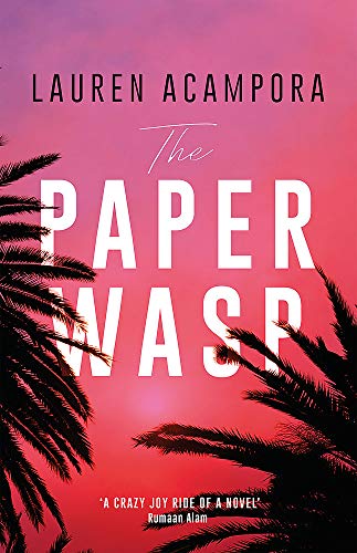Book cover for “The Paper Wasp” with red background and palm fronds.