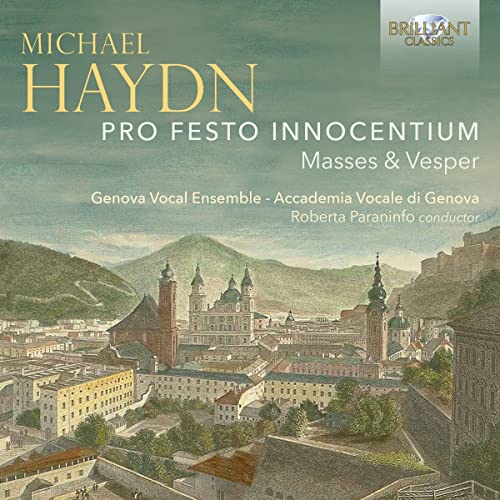 CD cover for Michael Haydn’s “Pro Festo Innocentium” with a city landscape.