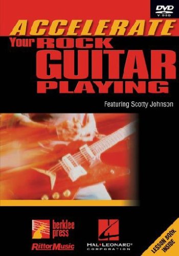 DVD cover for "Accelerate Your Rock Guitar Playing" with a guitarist.