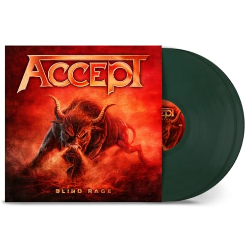 Accept Blind Rage vinyl record with red cover art featuring a charging bull.