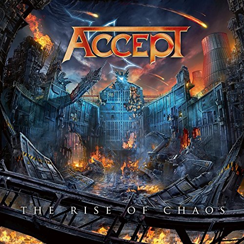 "Album cover with fiery, apocalyptic cityscape and 'Accept' logo in bold letters."