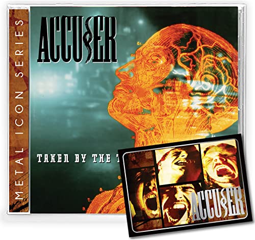 CD case for Accuser’s “Taken by the Throat” featuring a fiery head illustration.