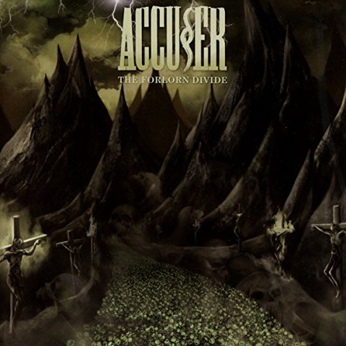 "Album cover art: dark, gothic landscape with skulls and crosses, titled 'Accuser - The Forlorn Divide'."