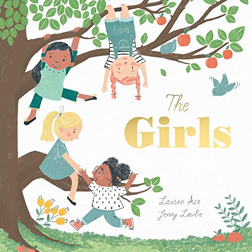 Four diverse girls playing in an apple tree in this illustrated children's book cover.