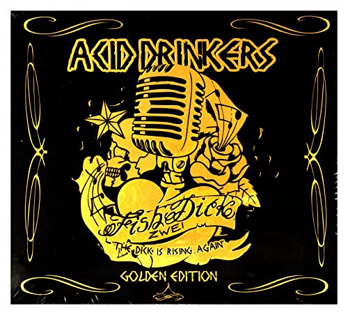 Yellow skull and microphone illustration on a black "Acid Drinkers" CD cover.