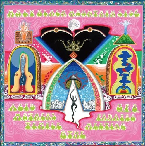 Psychedelic album art featuring colorful arches, a central figure, and vibrant pink background patterns.