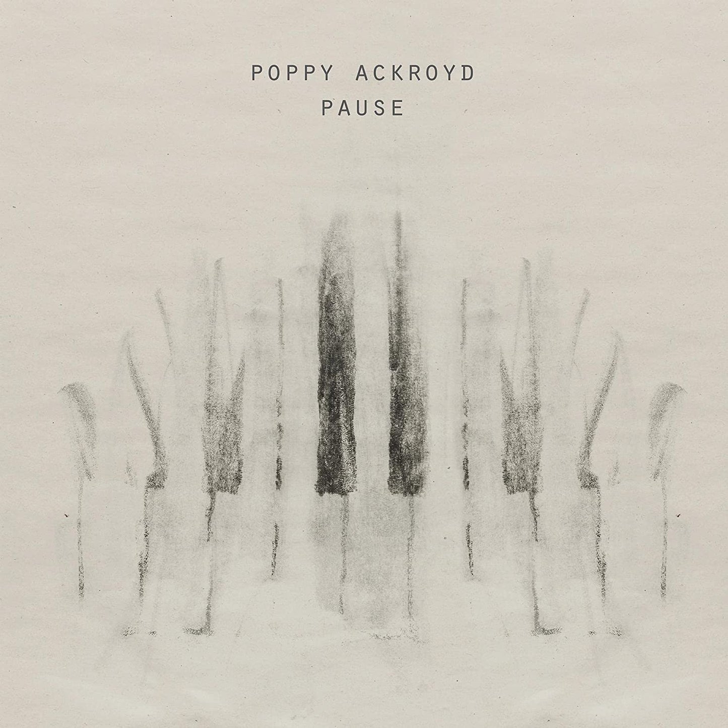 Album cover with artist name and title, featuring abstract, charcoal-like, vertical strokes.