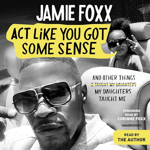 Jamie Foxx with daughter on audiobook cover, black and white portrait.
