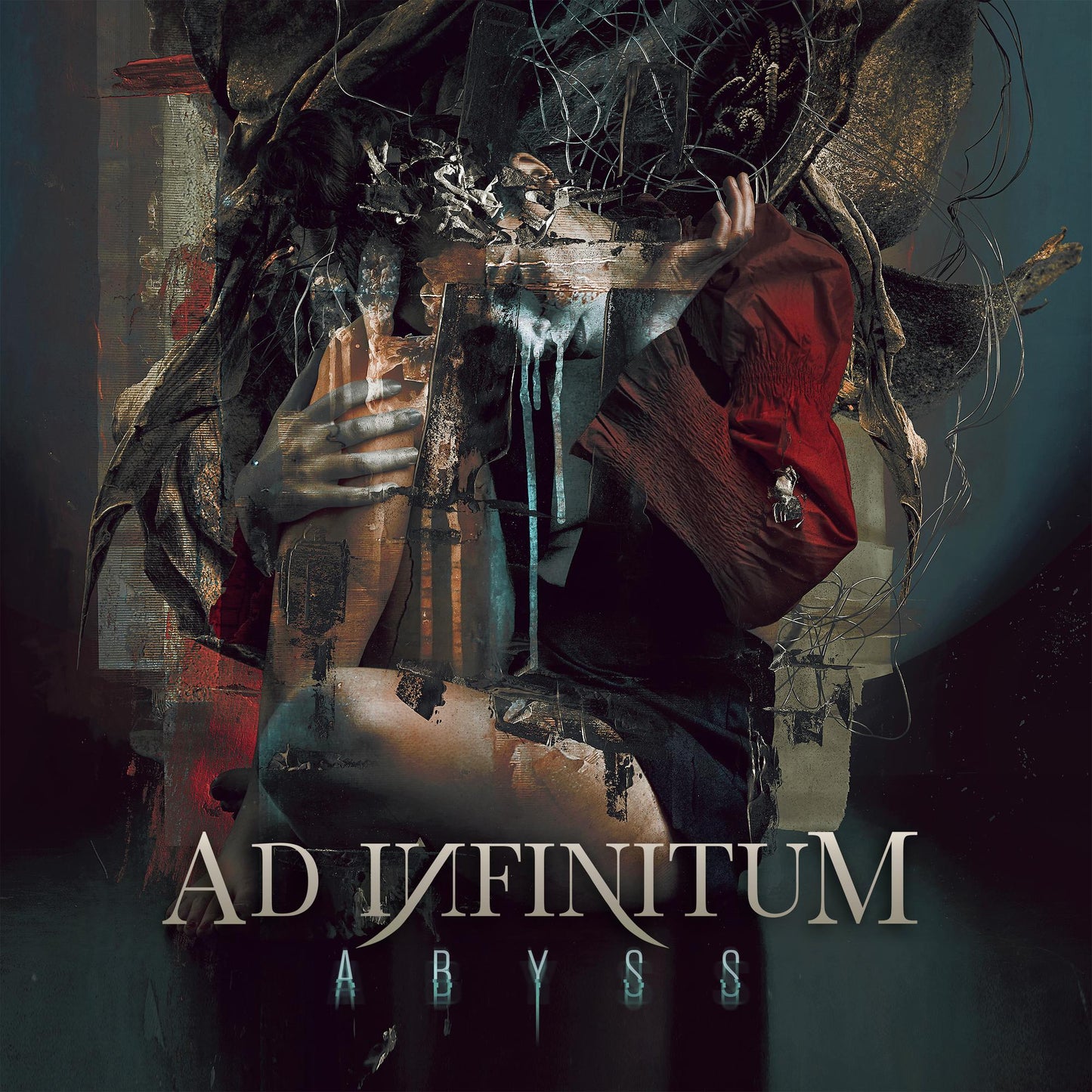 Surreal digital art of a person in red sleeves surrounded by dark, abstract debris.